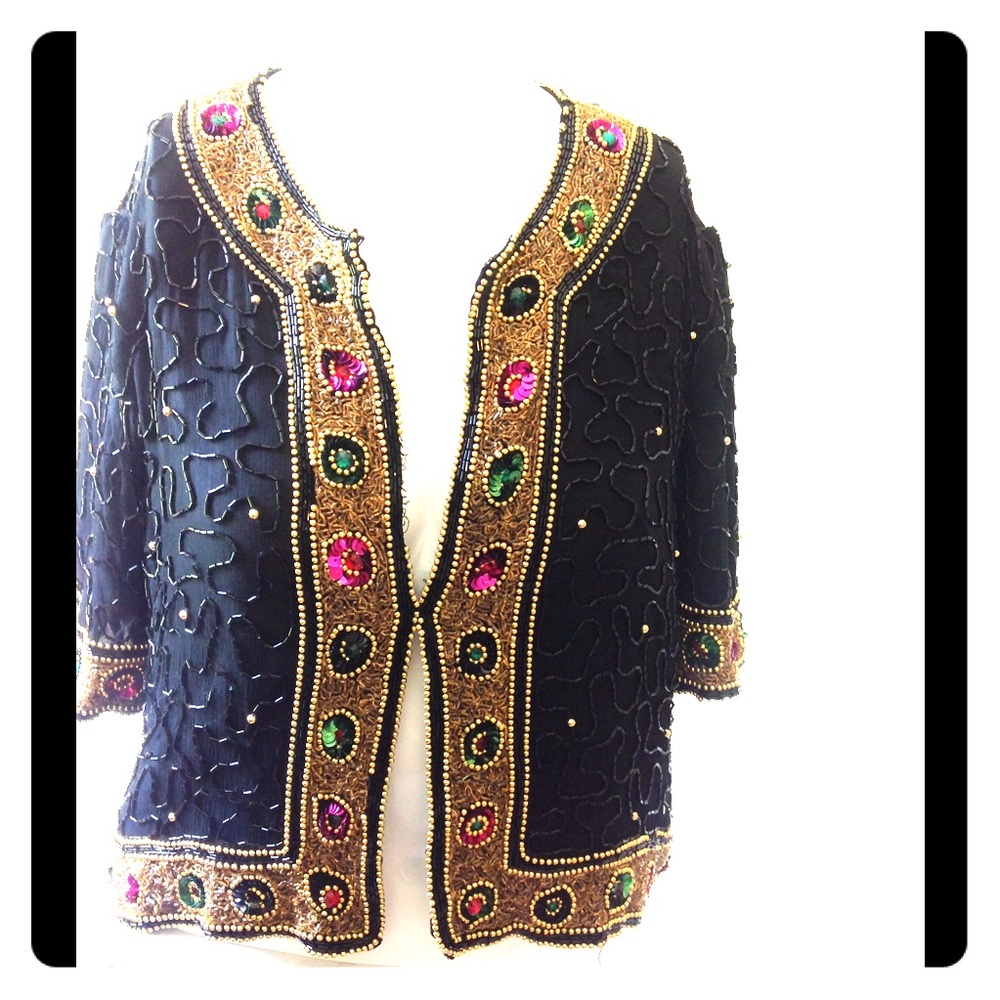 Vintage Lawrence Kazar Black Sequin Blazer Gold